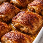 Juicy oven baked chicken thighs with golden crispy skin and tender meat resting on a baking tray, garnished with herbs.