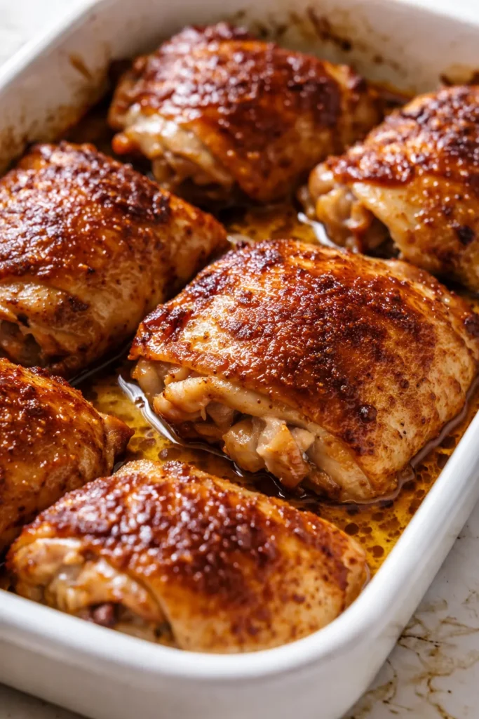 Juicy oven baked chicken thighs with golden crispy skin and tender meat resting on a baking tray, garnished with herbs.