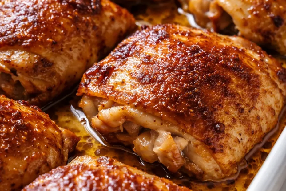 Juicy oven baked chicken thighs with golden crispy skin and tender meat resting on a baking tray, garnished with herbs.