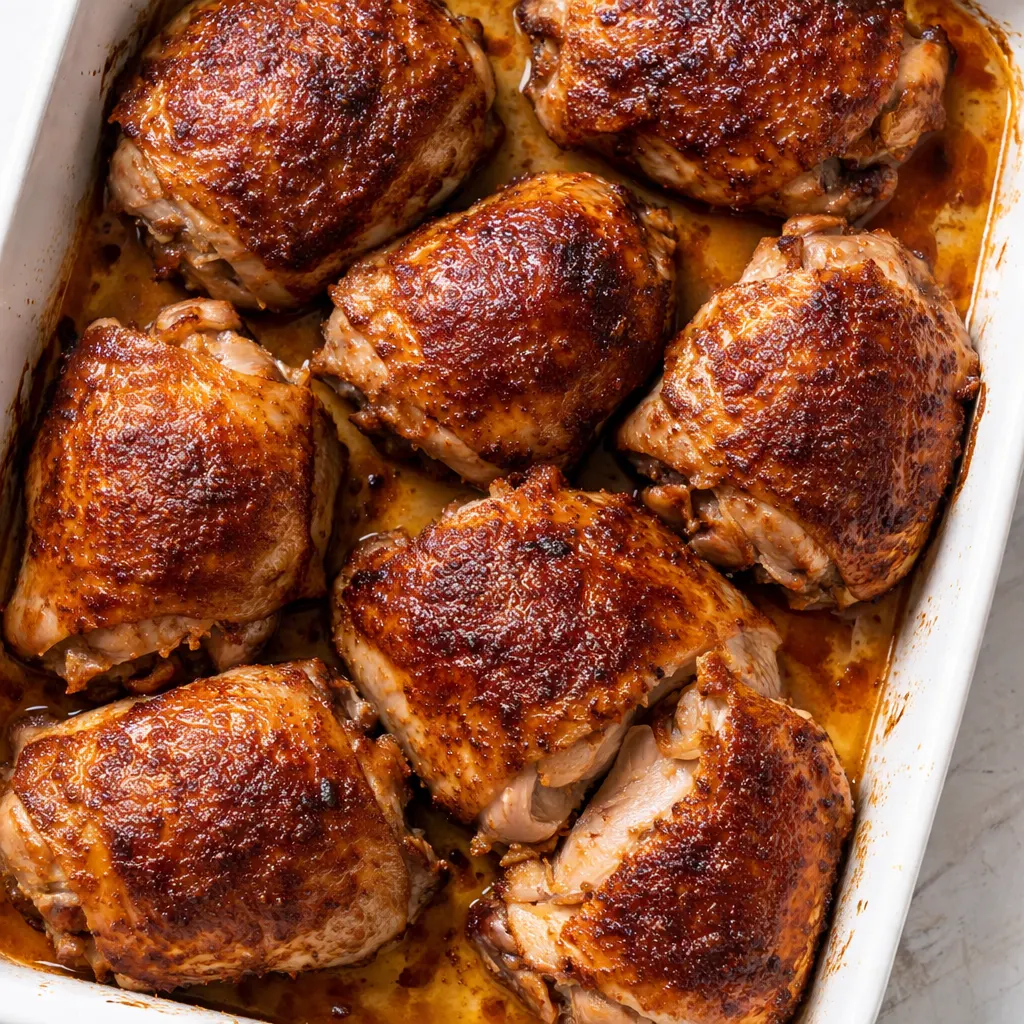 Golden seasoned chicken thighs arranged in a baking dish ready for the oven, promising juicy oven baked chicken thighs that stay tender.