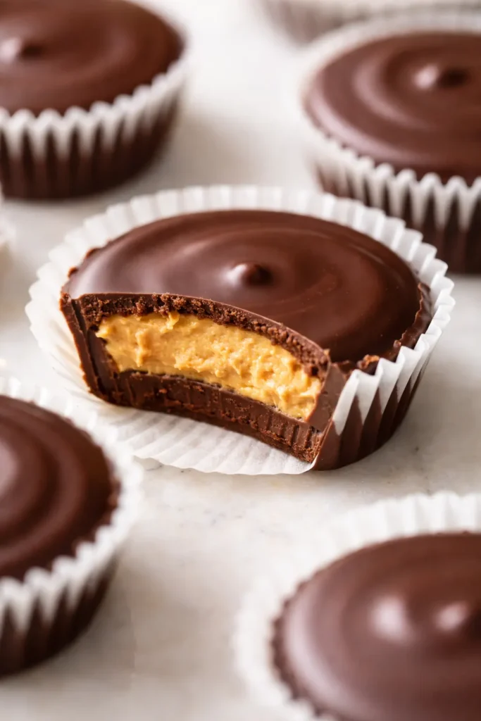 Rich dark chocolate coating over creamy peanut butter center, perfect keto fat bombs that taste like Reese's cups.