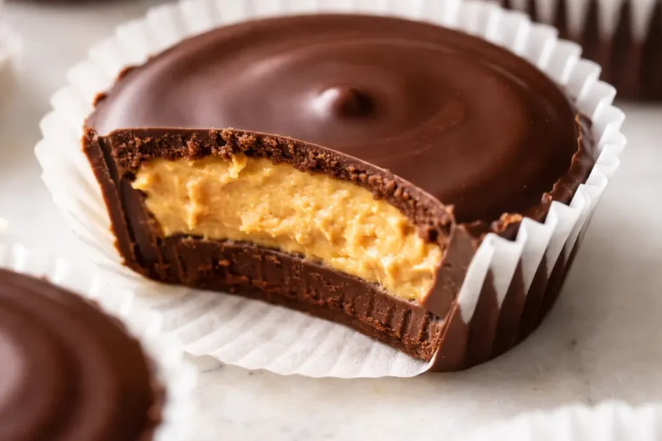 Rich dark chocolate coating over creamy peanut butter center, perfect keto fat bombs that taste like Reese's cups.