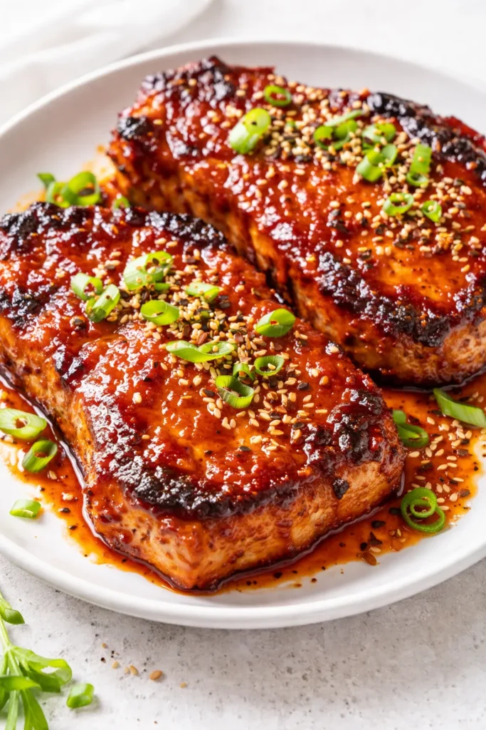 Juicy caramelized Korean pork chops with glossy dark brown glaze, garnished with sesame seeds and green onions, on a white plate.