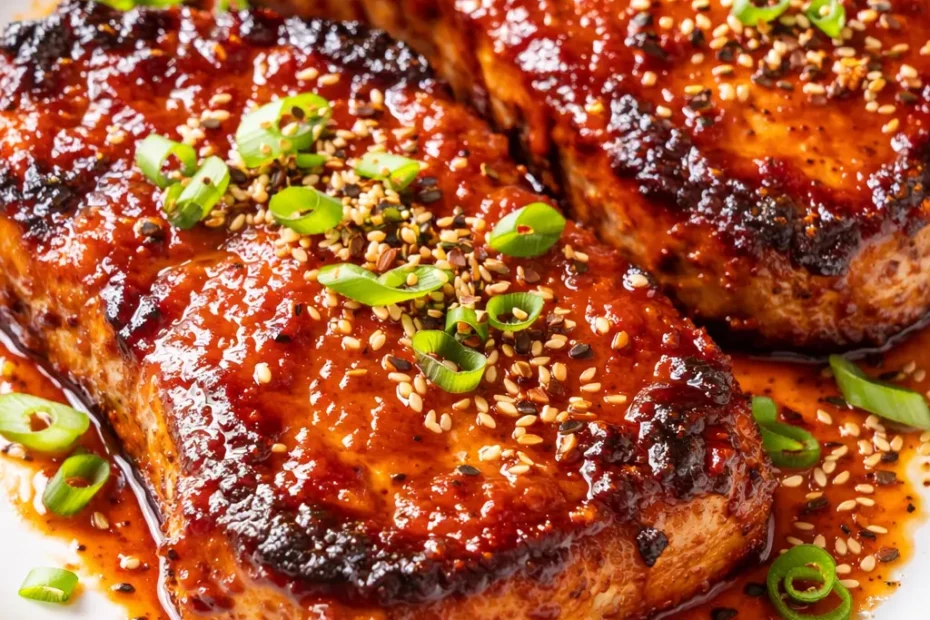 Juicy caramelized Korean pork chops with glossy dark brown glaze, garnished with sesame seeds and green onions, on a white plate.