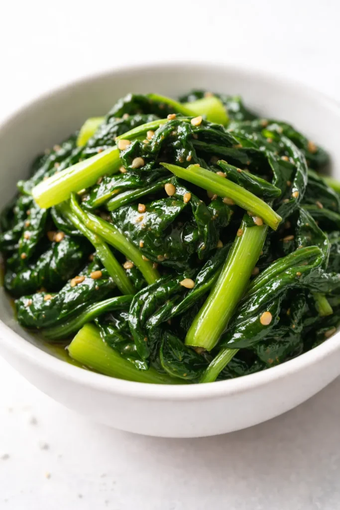 Bright green blanched spinach tossed with sesame oil, toasted sesame seeds, and minced garlic in a white ceramic bowl