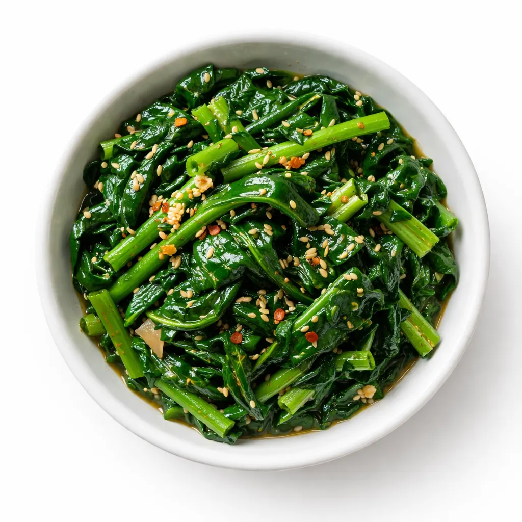 Bright green blanched spinach tossed with sesame oil, soy sauce, and toasted sesame seeds in a ceramic bowl.
