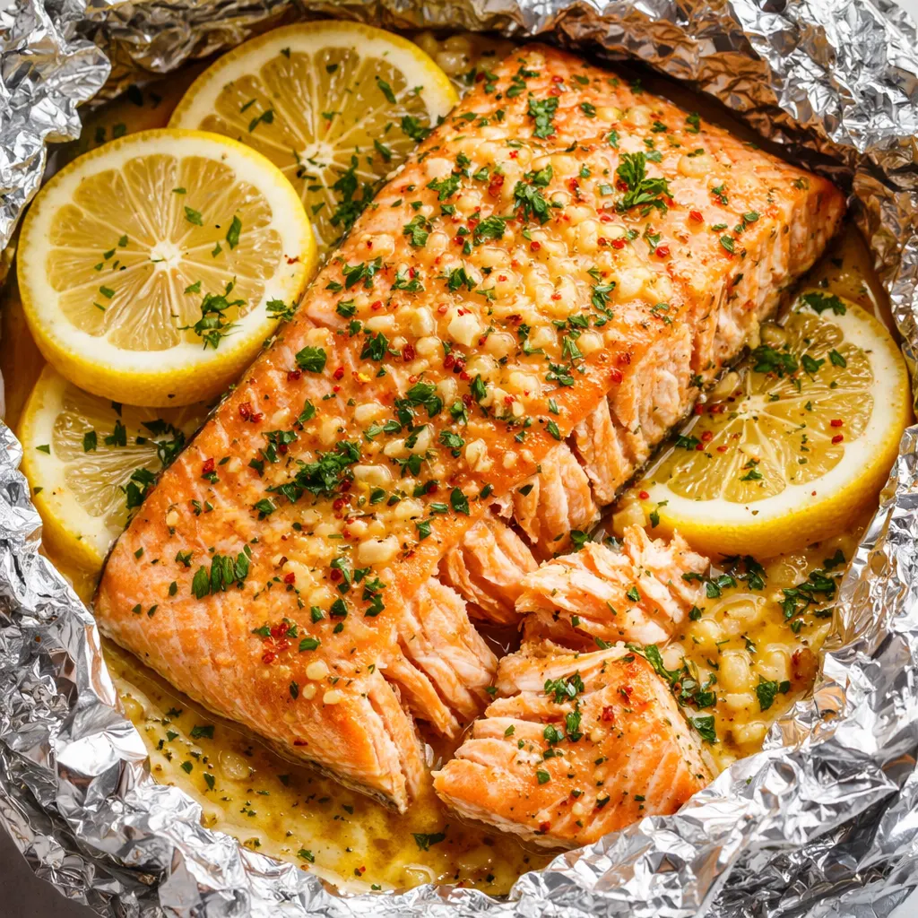 Lemon garlic butter baked salmon in foil, flaky pink salmon with lemon slices and garlic butter sauce, garnished with parsley.