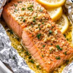 Flaky lemon garlic butter baked salmon in foil, golden brown with a glossy garlic butter sauce and fresh herbs.