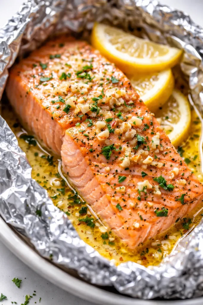 Flaky lemon garlic butter baked salmon in foil, golden brown with a glossy garlic butter sauce and fresh herbs.