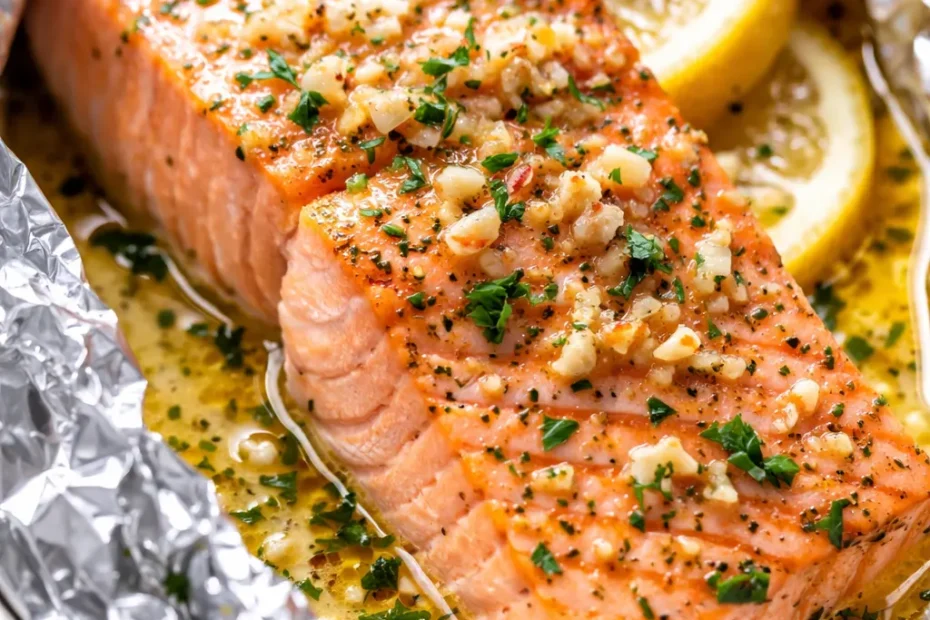 Flaky lemon garlic butter baked salmon in foil, golden brown with a glossy garlic butter sauce and fresh herbs.