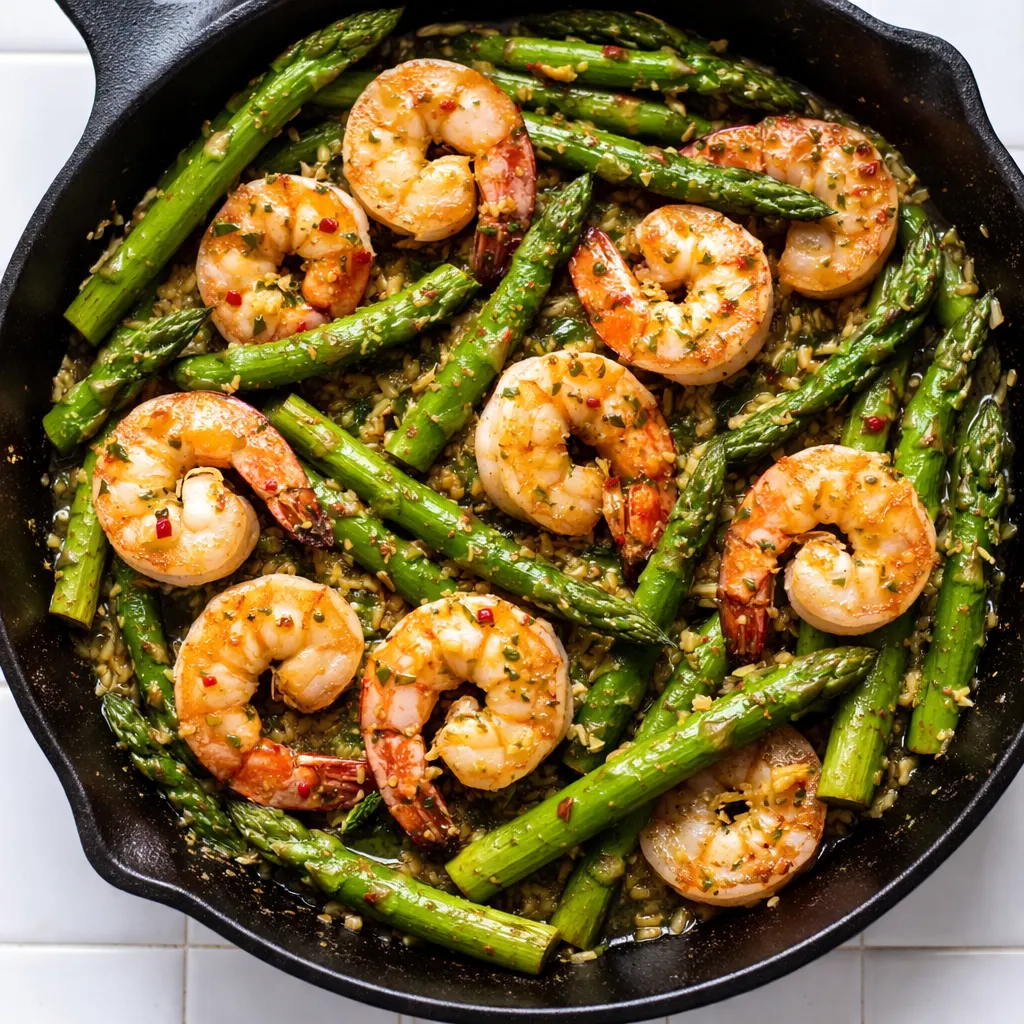 Sizzling shrimp and asparagus in lemon garlic butter sauce in a hot skillet, with garlic cloves and lemon slices.