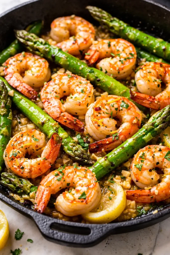 Plump lemon garlic shrimp and tender asparagus spears tossed in a zesty lemon butter sauce on a white plate.