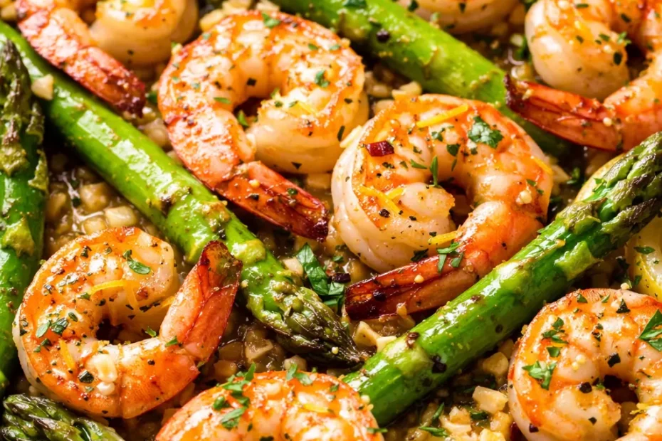 Plump lemon garlic shrimp and tender asparagus spears tossed in a zesty lemon butter sauce on a white plate.