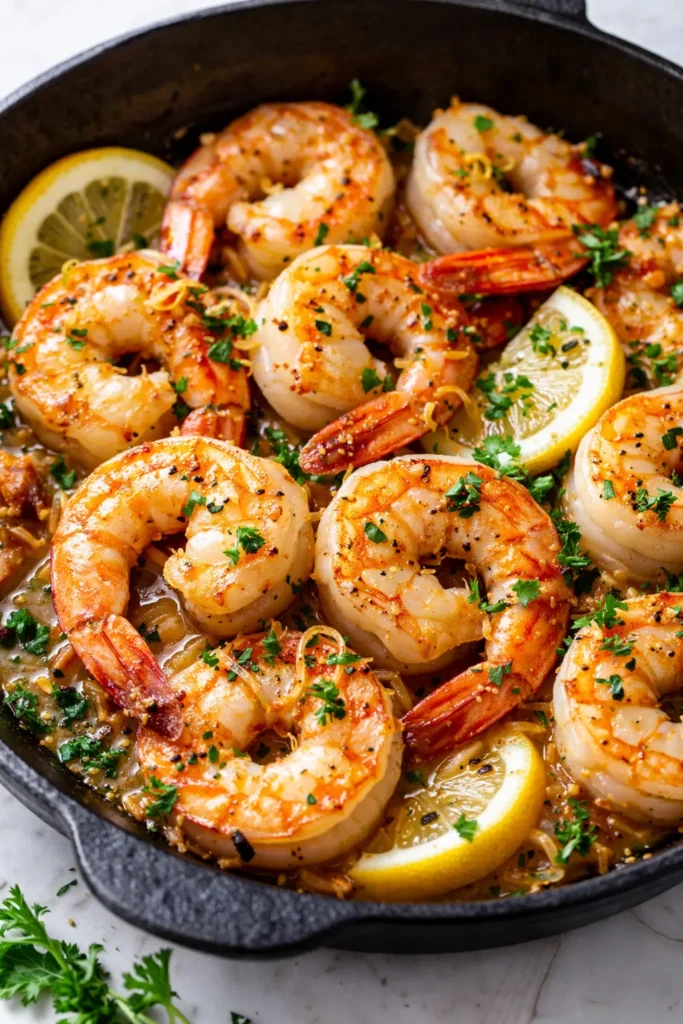 Juicy lemon garlic shrimp with fresh parsley and lemon slices in a skillet, golden brown and sizzling.