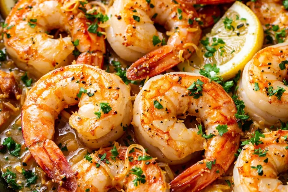 Juicy lemon garlic shrimp with fresh parsley and lemon slices in a skillet, golden brown and sizzling.