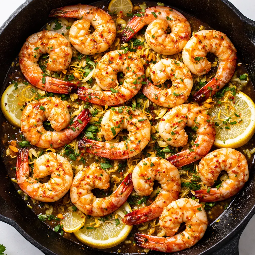Lemon garlic shrimp sizzling in a pan with minced garlic and lemon slices, golden brown edges.