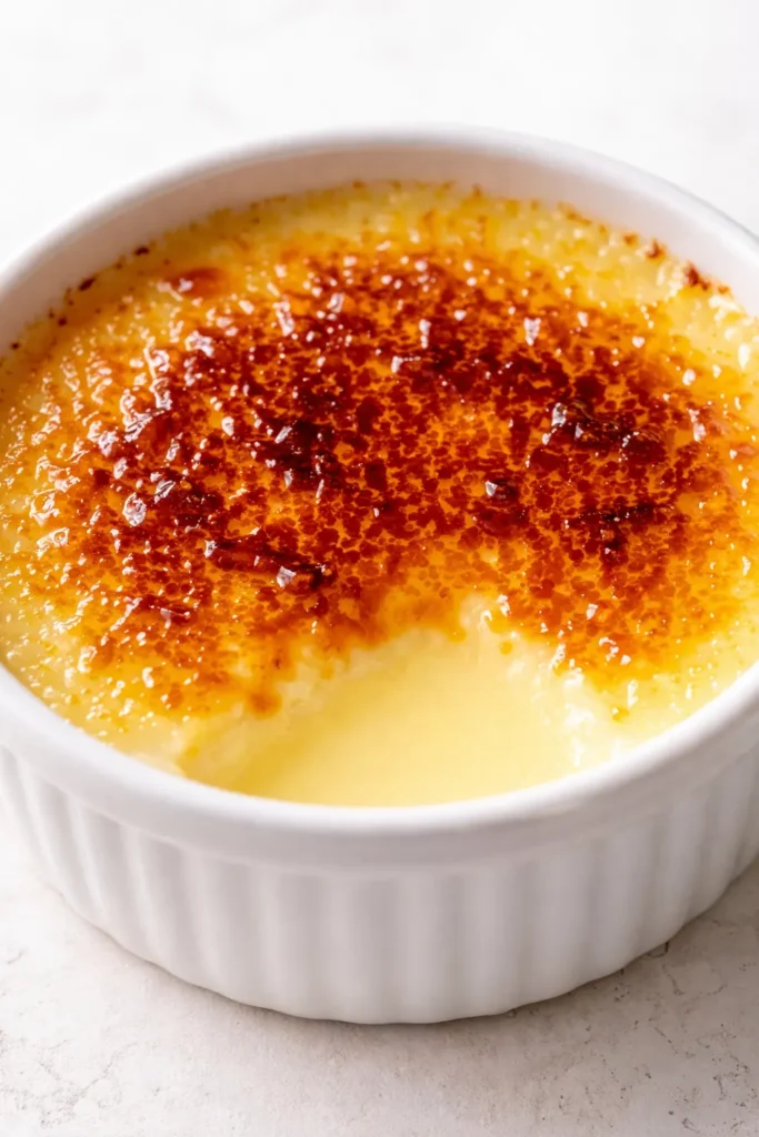 Smooth lemon posset brûlée with a caramelized sugar crust, creamy yellow custard visible in a white ramekin.