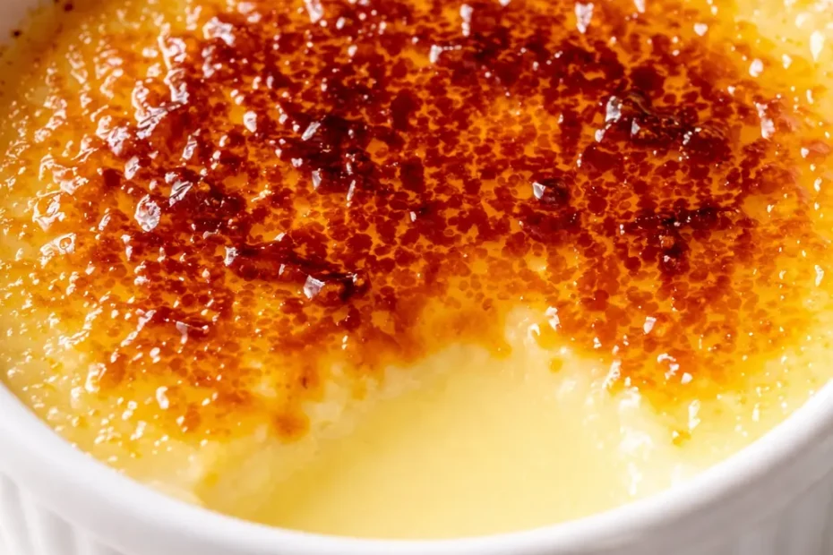 Smooth lemon posset brûlée with a caramelized sugar crust, creamy yellow custard visible in a white ramekin.