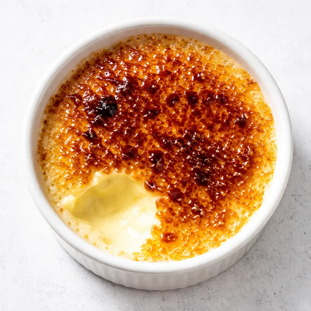 Chef torching sugar on a smooth, creamy lemon posset brûlée, creating a golden caramelized crust