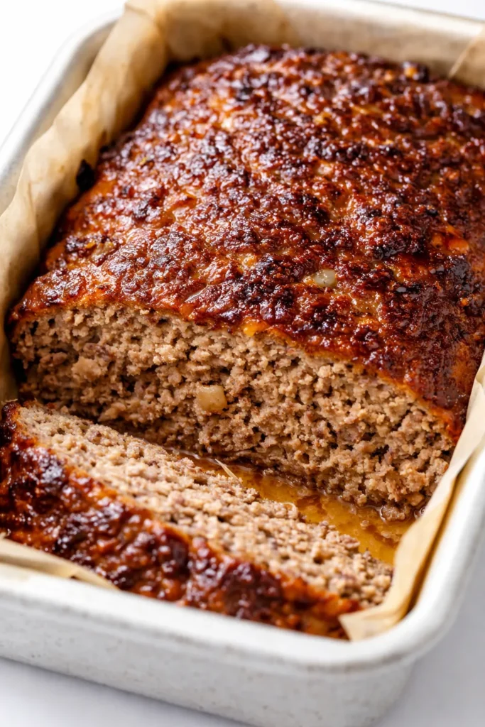 Moist Lipton onion soup meatloaf sliced on a plate with rich brown glaze and tender texture.