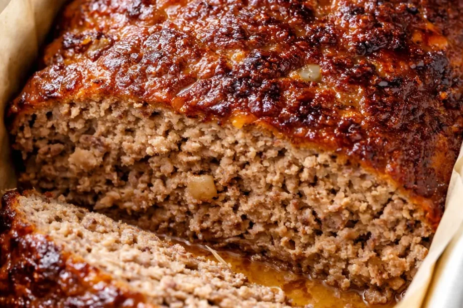 Moist Lipton onion soup meatloaf sliced on a plate with rich brown glaze and tender texture.