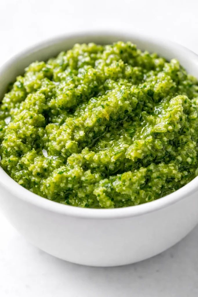 Vibrant green lovage and green garlic pesto spooned over pasta, topped with pine nuts and fresh lovage leaves.