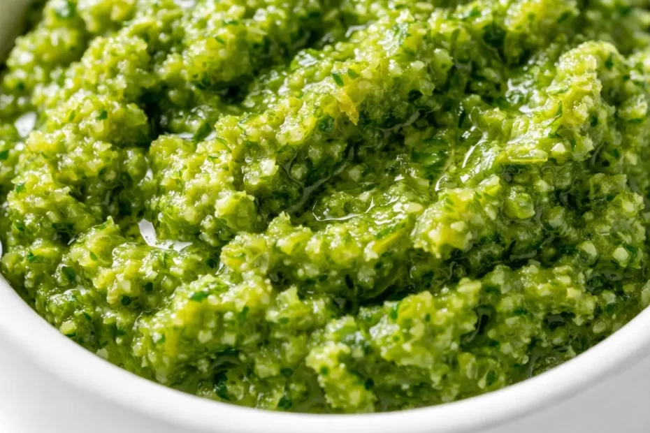 Vibrant green lovage and green garlic pesto spooned over pasta, topped with pine nuts and fresh lovage leaves.
