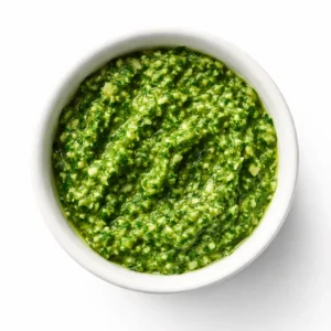 Freshly made lovage and green garlic pesto with vibrant green color and chunky texture, surrounded by whole garlic cloves and lovage leaves.