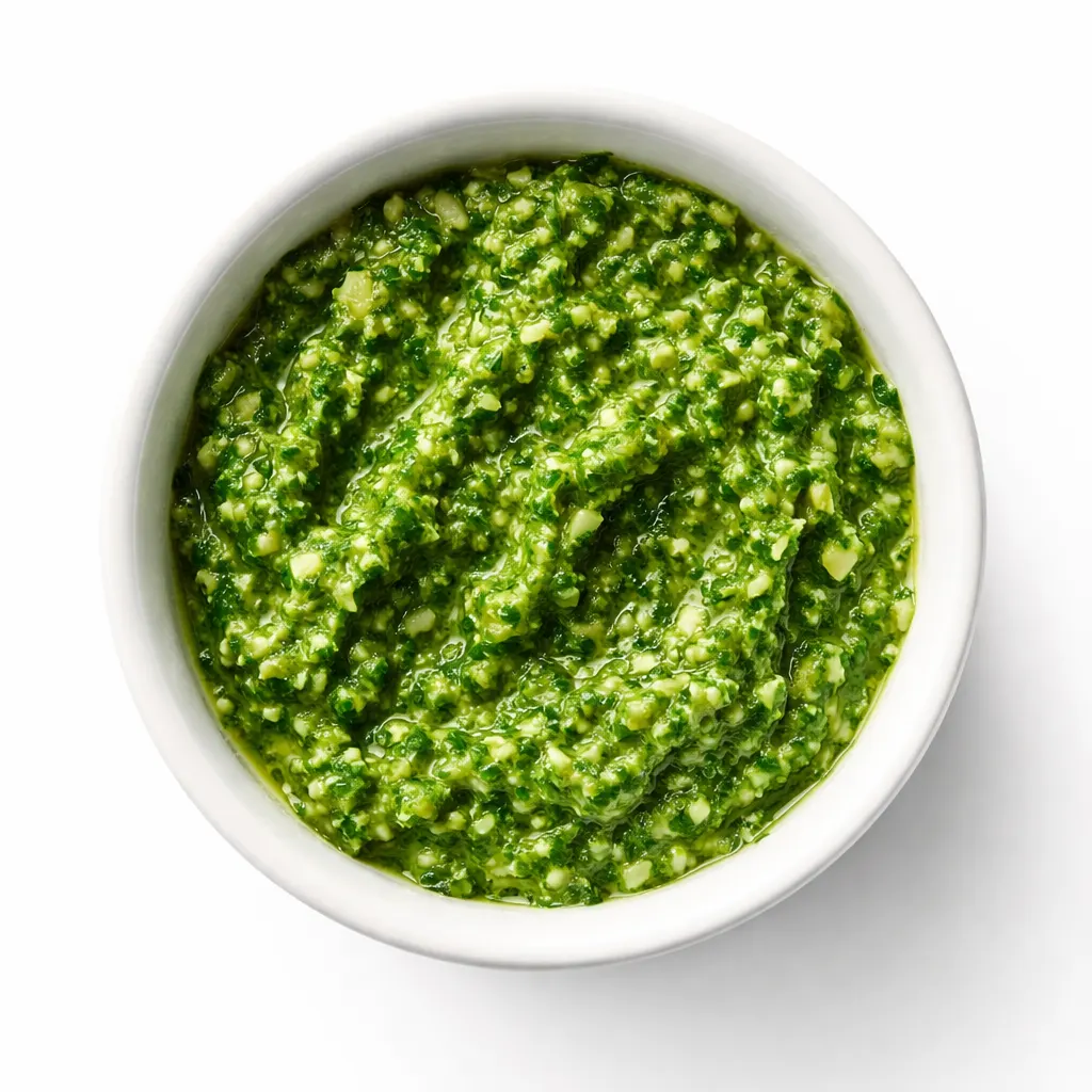 Freshly made lovage and green garlic pesto with vibrant green color and chunky texture, surrounded by whole garlic cloves and lovage leaves.