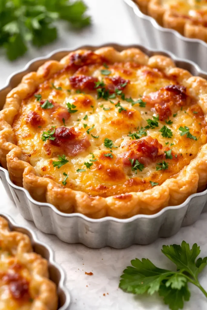 Golden brown mini quiches with flaky store-bought crust filled with creamy egg and cheese, sprinkled with fresh chives.