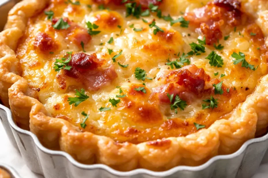 Golden brown mini quiches with flaky store-bought crust filled with creamy egg and cheese, sprinkled with fresh chives.