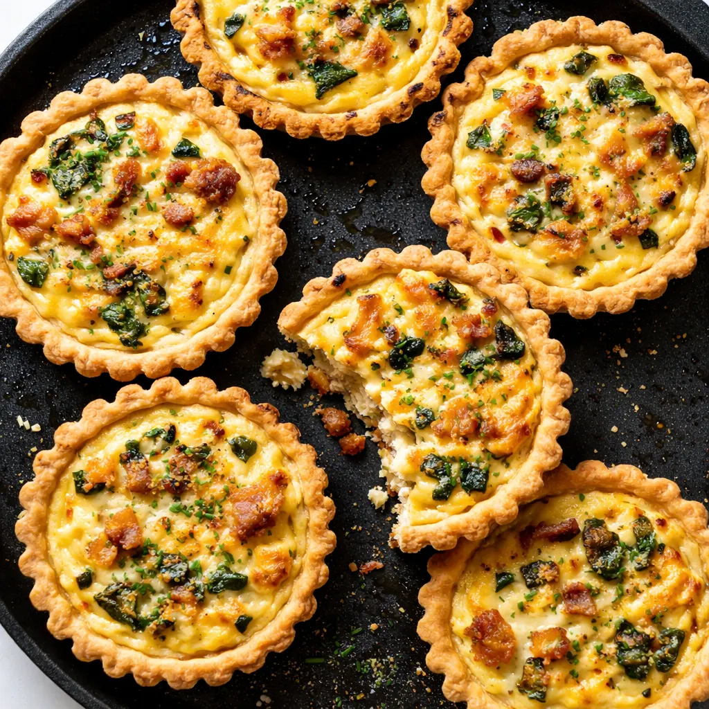 Filling store-bought mini quiche crusts with savory egg mixture, flaky golden pastry shells ready for baking.