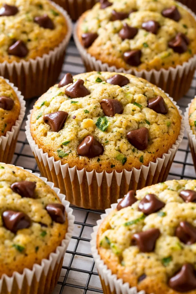 Fluffy chocolate chip zucchini muffins with melted chocolate chips and visible shredded zucchini, moist and golden brown.