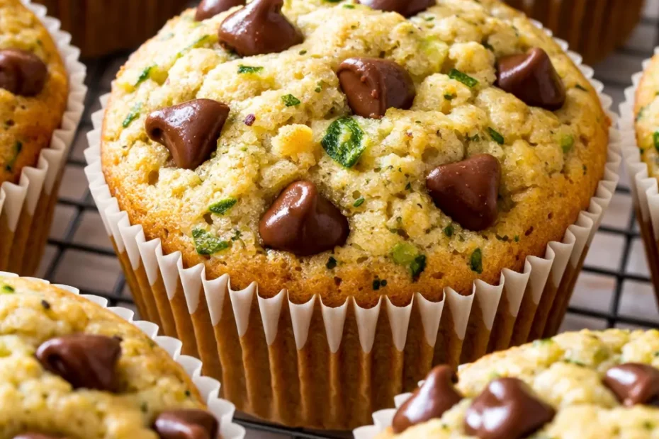 Fluffy chocolate chip zucchini muffins with melted chocolate chips and visible shredded zucchini, moist and golden brown.