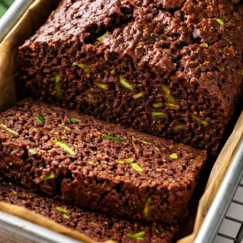 Moist chocolate zucchini bread slice with tender crumb and dark chocolate chips, resting on a white plate.