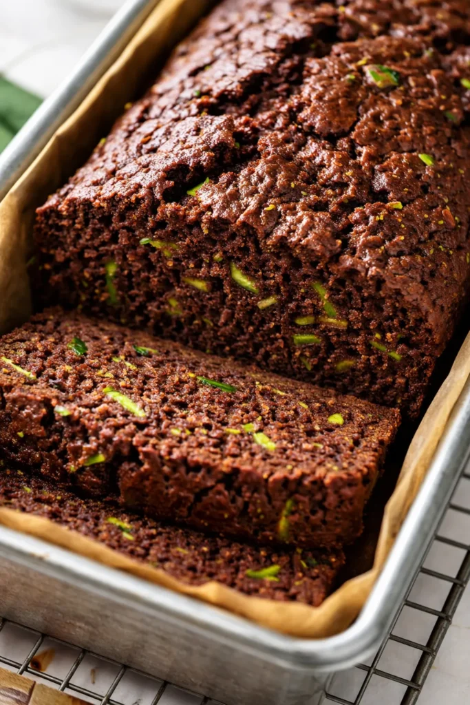 Moist chocolate zucchini bread slice with tender crumb and dark chocolate chips, resting on a white plate.