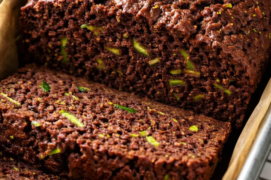Moist chocolate zucchini bread slice with tender crumb and dark chocolate chips, resting on a white plate.