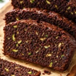 Moist chocolate zucchini bread slice with dark crumb and visible green zucchini flecks, rich and tender texture.