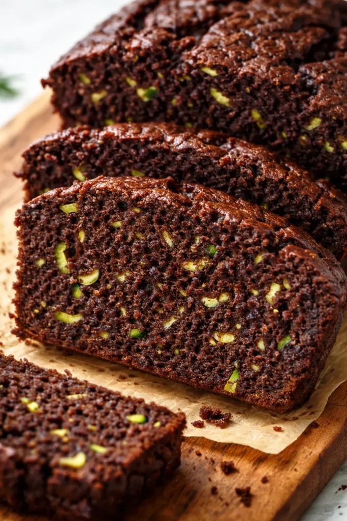 Moist chocolate zucchini bread slice with dark crumb and visible green zucchini flecks, rich and tender texture.