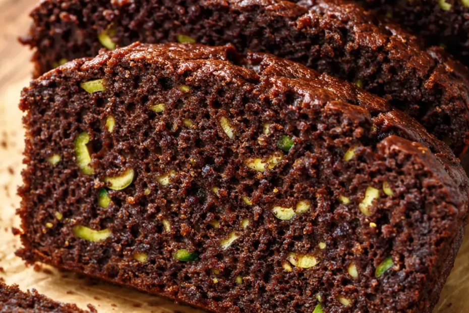 Moist chocolate zucchini bread slice with dark crumb and visible green zucchini flecks, rich and tender texture.