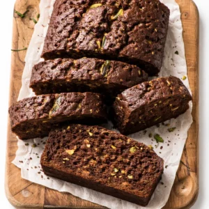 Moist chocolate zucchini bread slice with tender crumb and dark chocolate chips, no rubbery texture visible.