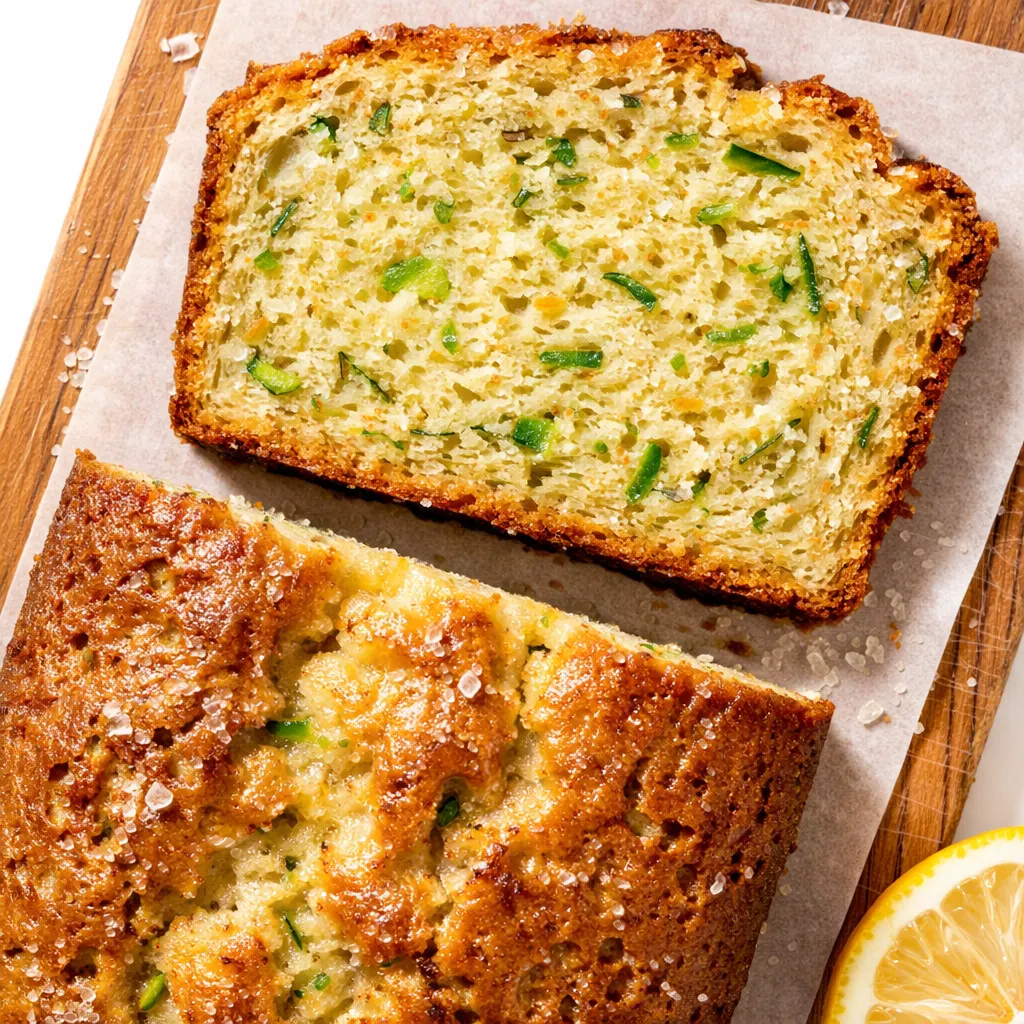 Moist lemon zucchini bread slice with tender crumb and visible green zucchini flecks, golden brown crust.