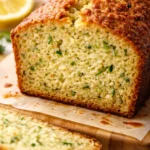 Moist lemon zucchini bread slice on a plate, showing tender crumb and green zucchini flecks, with a golden crust.