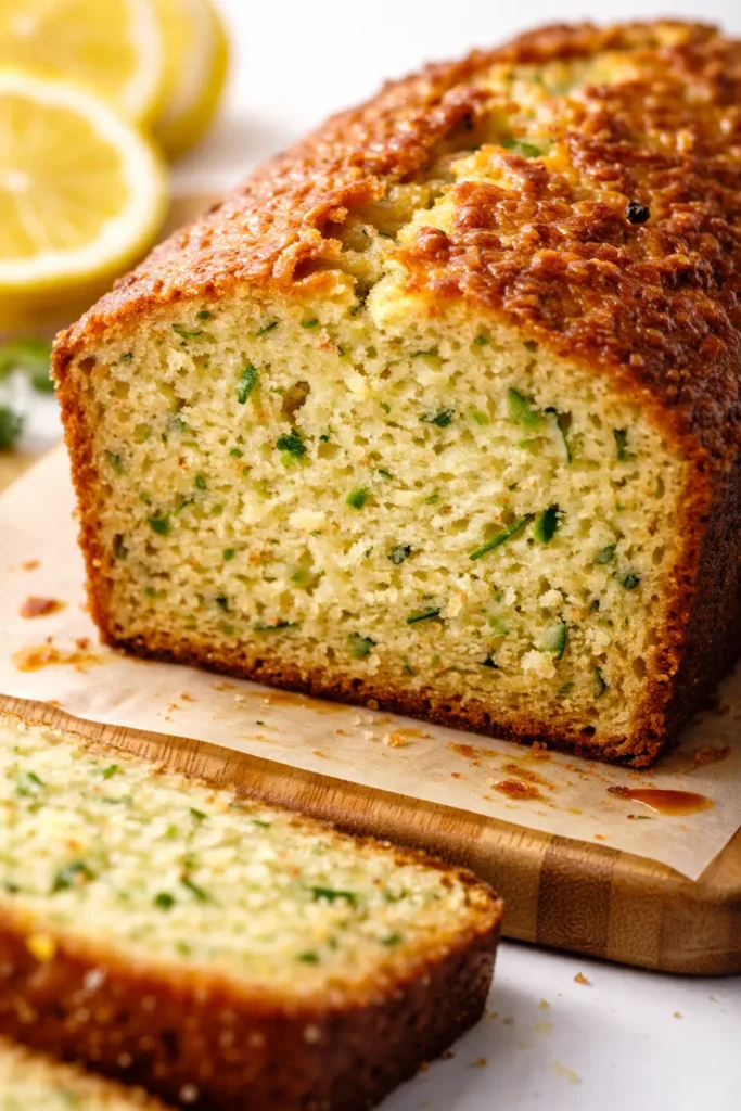 Moist lemon zucchini bread slice on a plate, showing tender crumb and green zucchini flecks, with a golden crust.