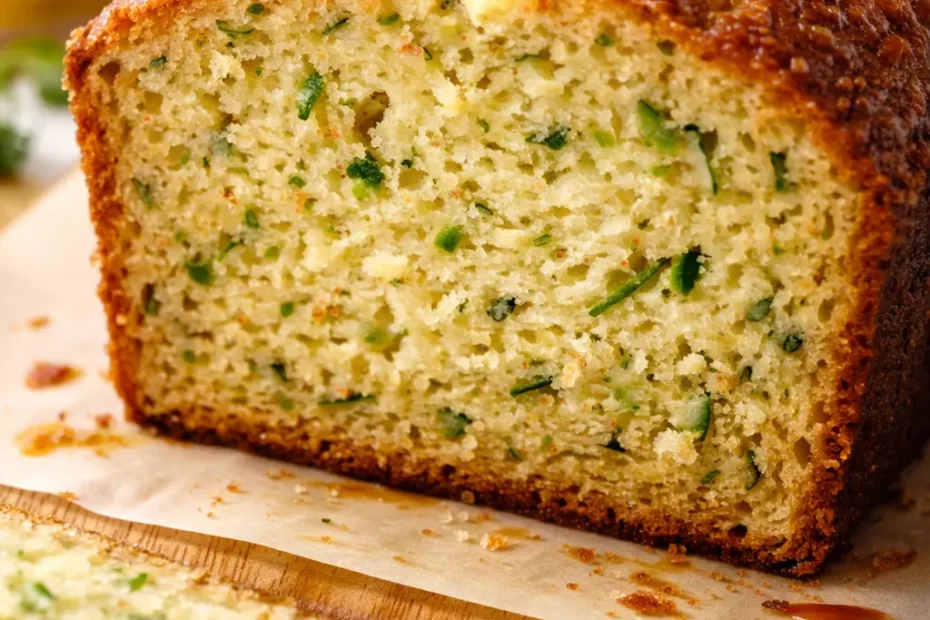 Moist lemon zucchini bread slice on a plate, showing tender crumb and green zucchini flecks, with a golden crust.
