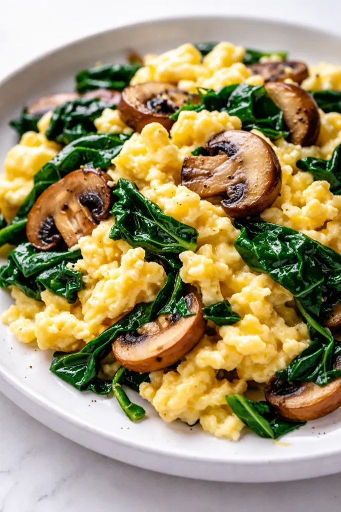 Fluffy scrambled eggs with sautéed mushrooms and wilted spinach, golden and light, served on a plate.