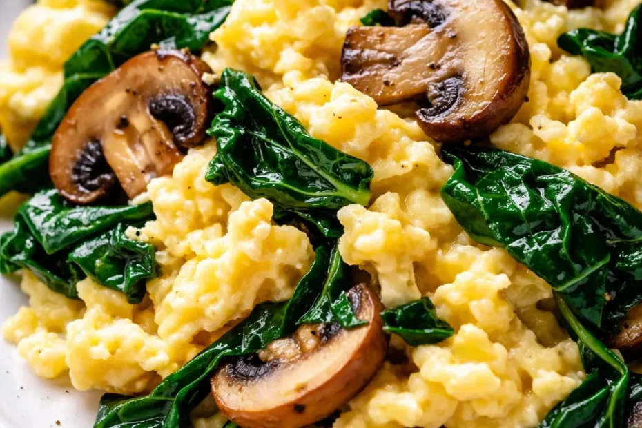 Fluffy scrambled eggs with sautéed mushrooms and wilted spinach, golden and light, served on a plate.