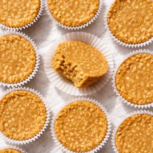 Three no-bake peanut butter oat cups on a white plate, topped with dark chocolate drizzle, showing their firm, chewy texture.