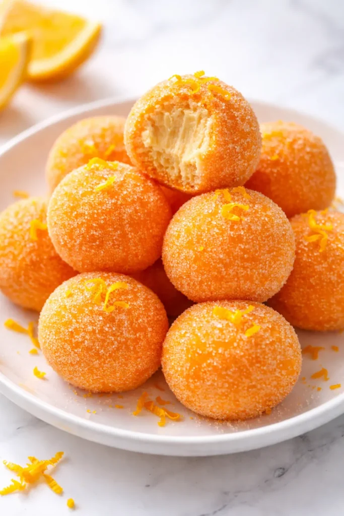 Glossy orange creamsicle truffles with a creamy white swirl and orange zest, resting on a parchment-lined tray.