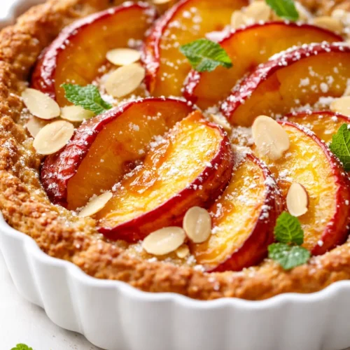 Golden browned butter frangipane tart topped with sliced fresh peaches and toasted almond slivers, showing flaky crust and creamy filling.